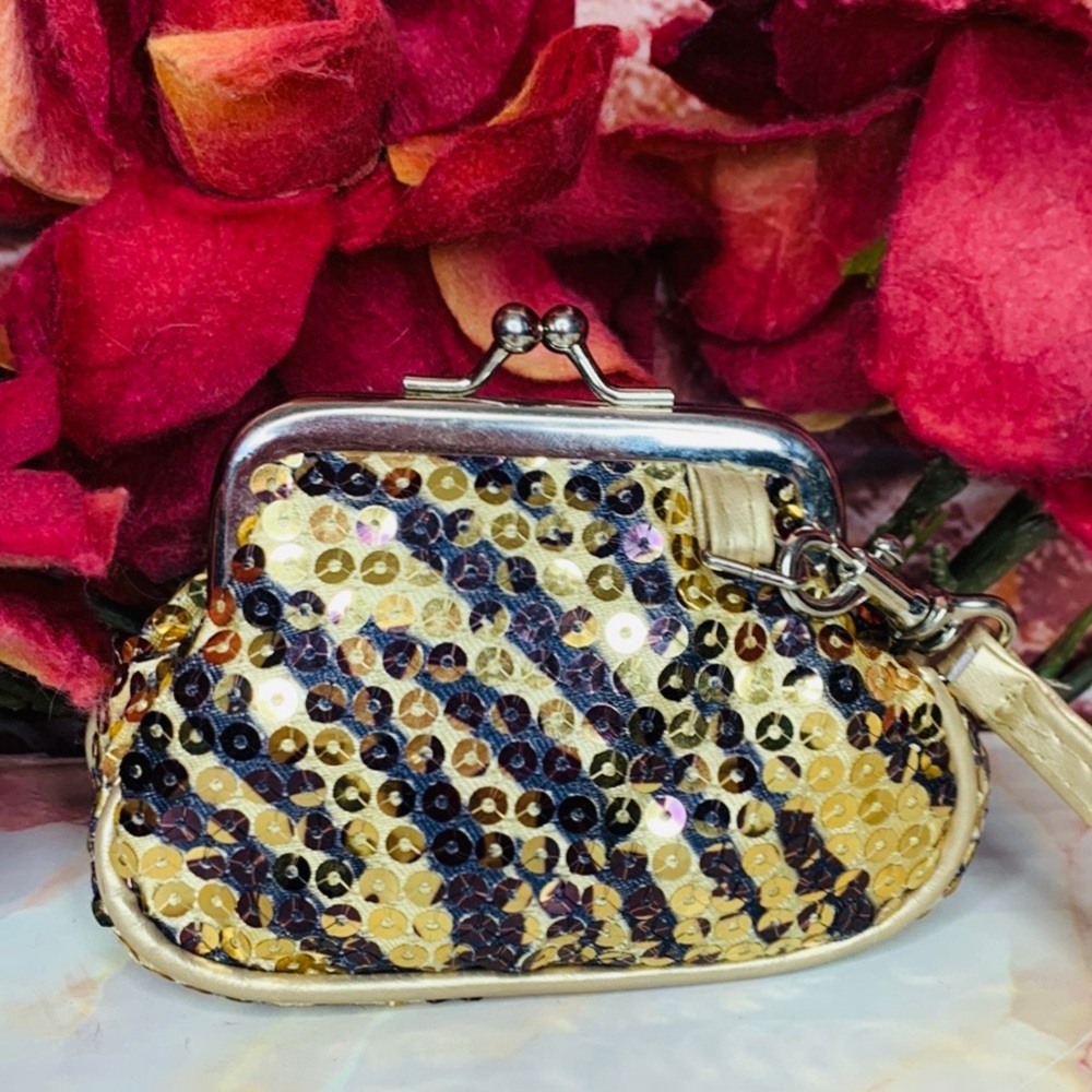 Gold and Black Leopard Print Sequined Retro KissLock Coin Pouch Wristlet